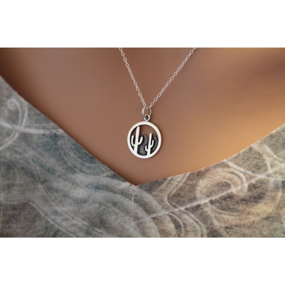 Sterling Silver Cactus Charm Necklace, Desert Mountain Charm Necklace